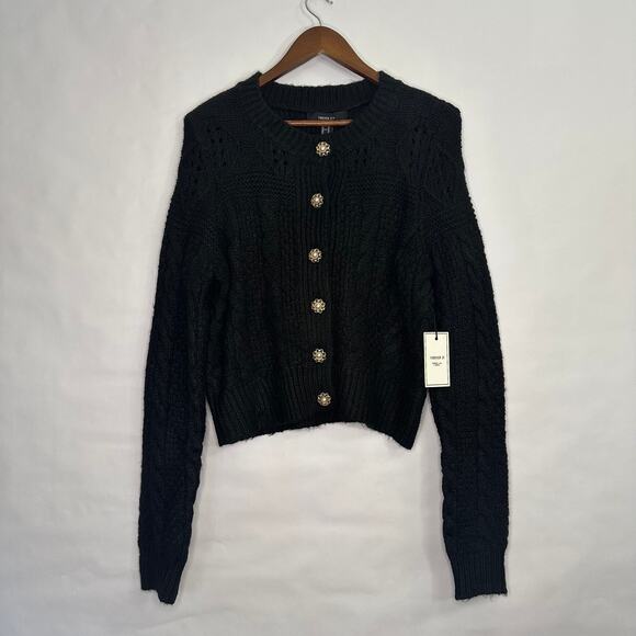 NWT Forever 21 Size 0X Black Knit Cardigan with Pearl & Gold Buttons - Picture 3 of 13
